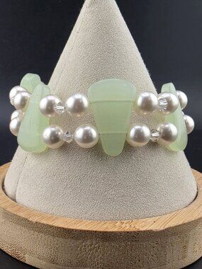 Chunky Jade Green Glass Faux Pearl 8" Toggle Bracelet Bali Style Accents